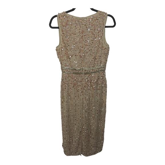 Mac Duggal 93606 Sequined Sleeveless V Neck Midi Sheath Dress Cocktail Nude Sz 6 - Picture 12 of 15